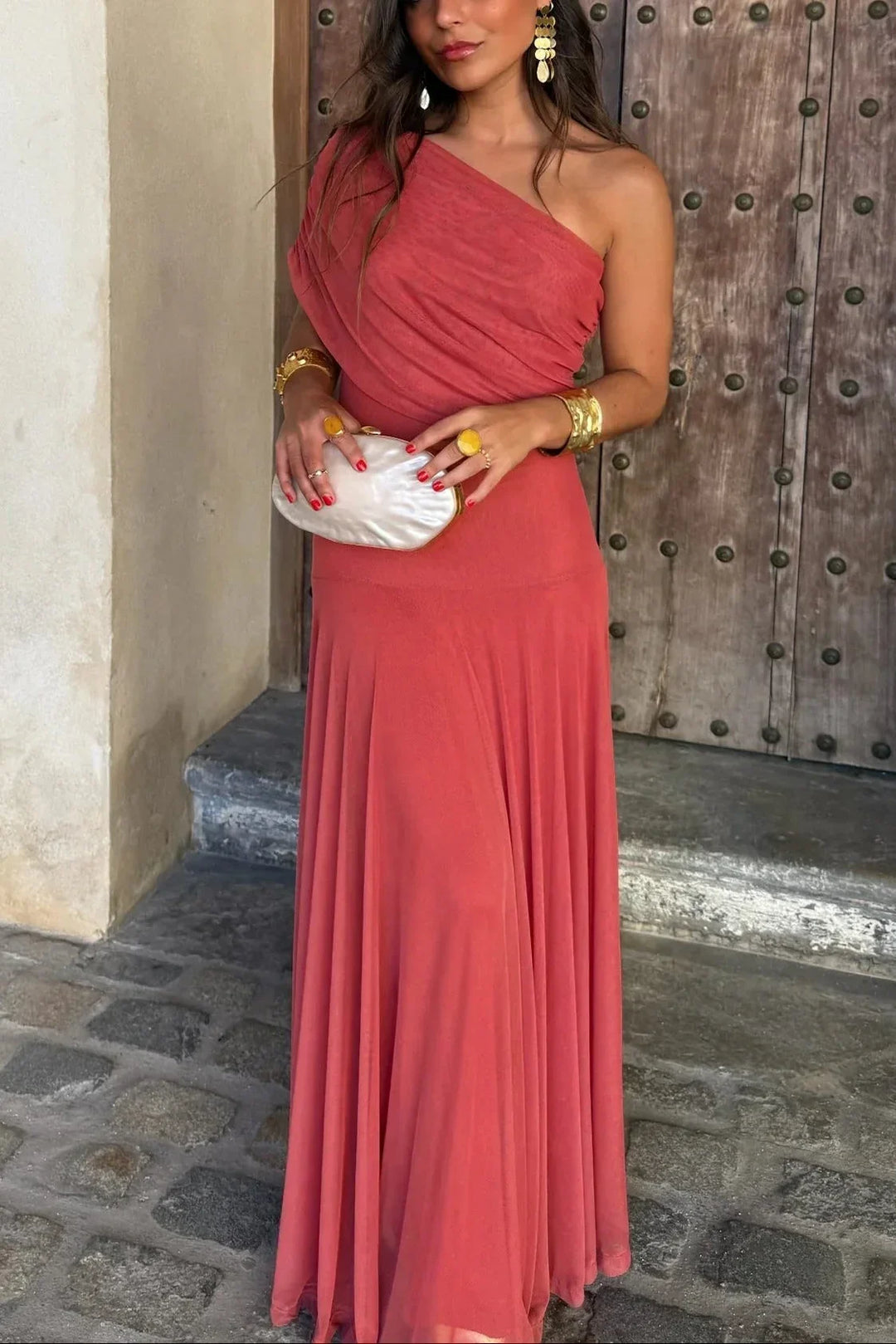 Vestido Largo Plisado de Un Solo Hombro