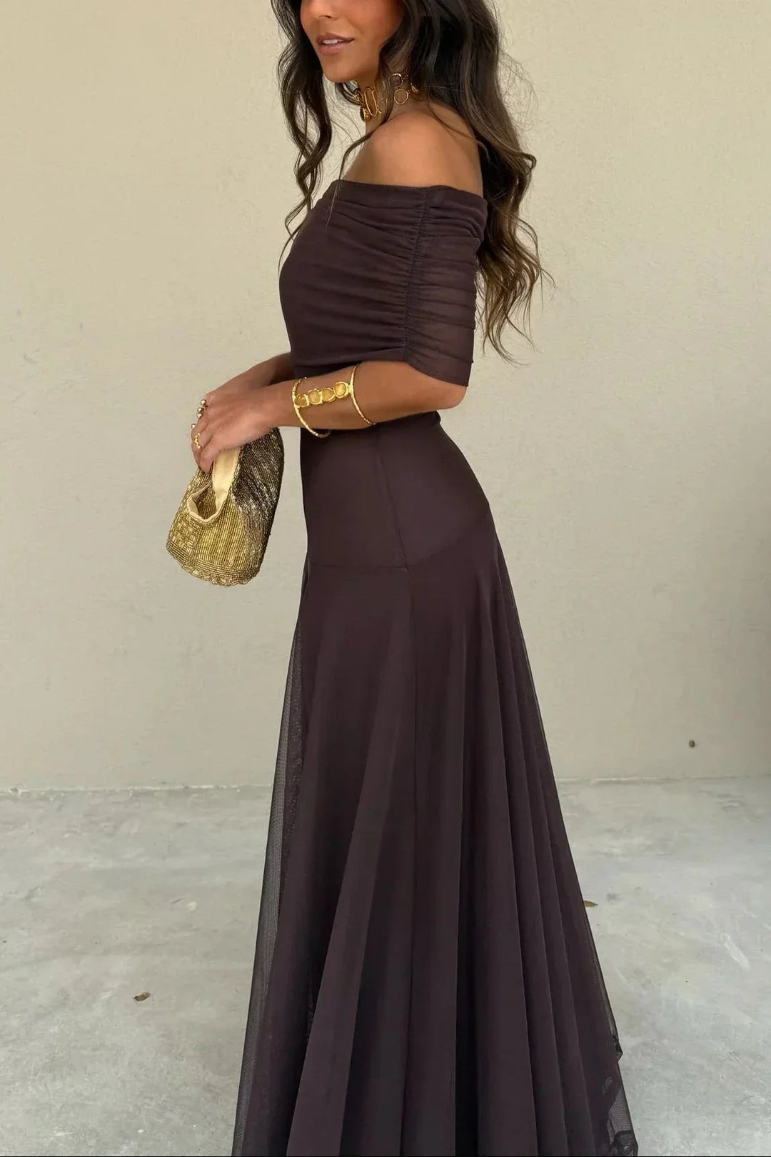 Vestido Largo Plisado de Un Solo Hombro