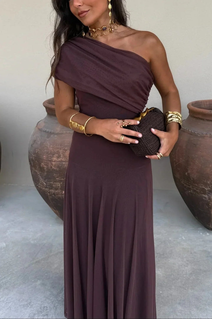 Vestido Largo Plisado de Un Solo Hombro