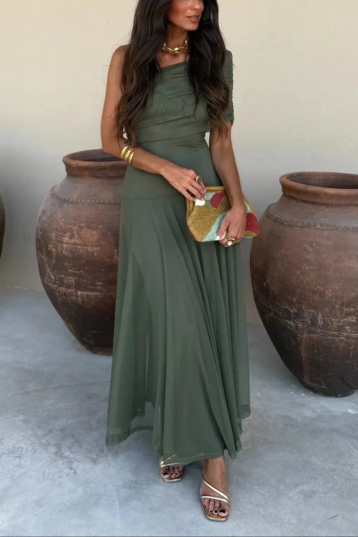 Vestido Largo Plisado de Un Solo Hombro