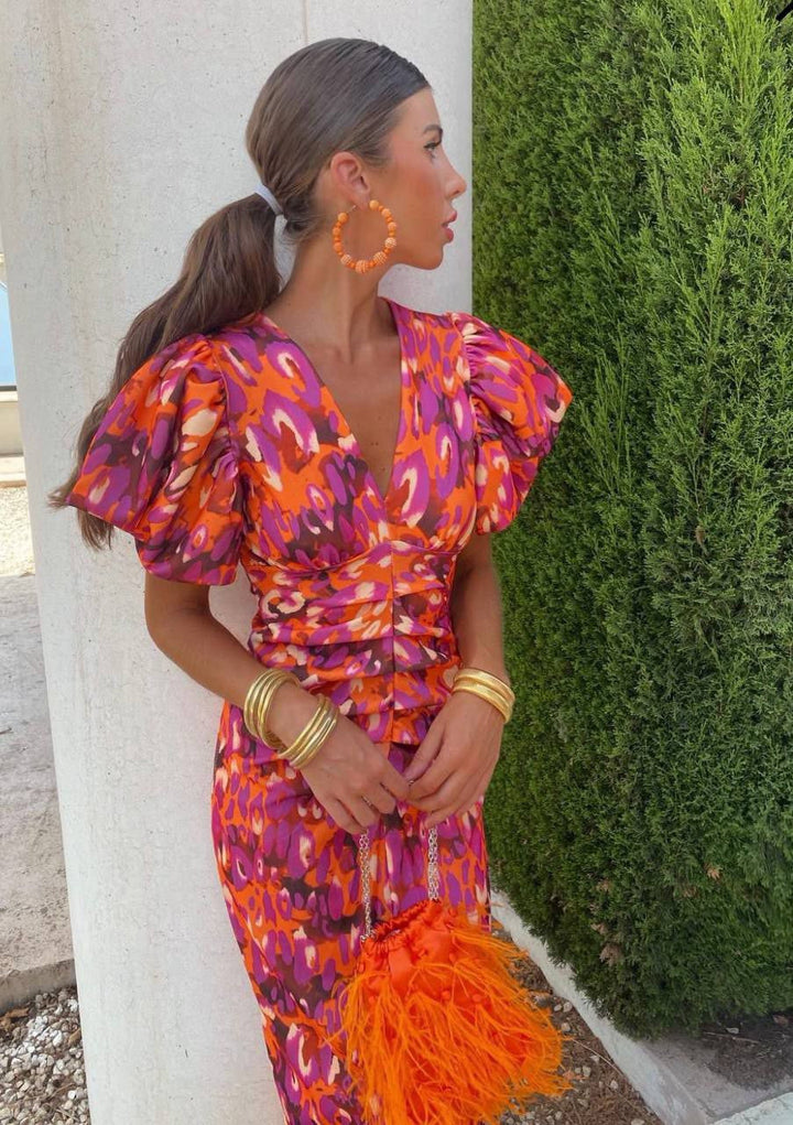 Carla | Vestido Midi de Mangas Abullonadas