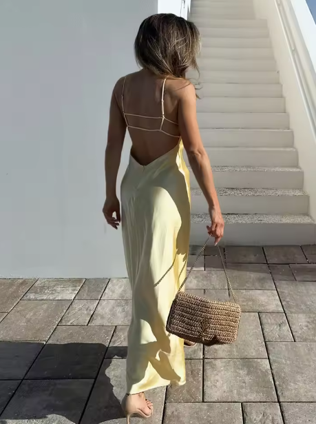 Nikka - Vestido maxi largo de satén