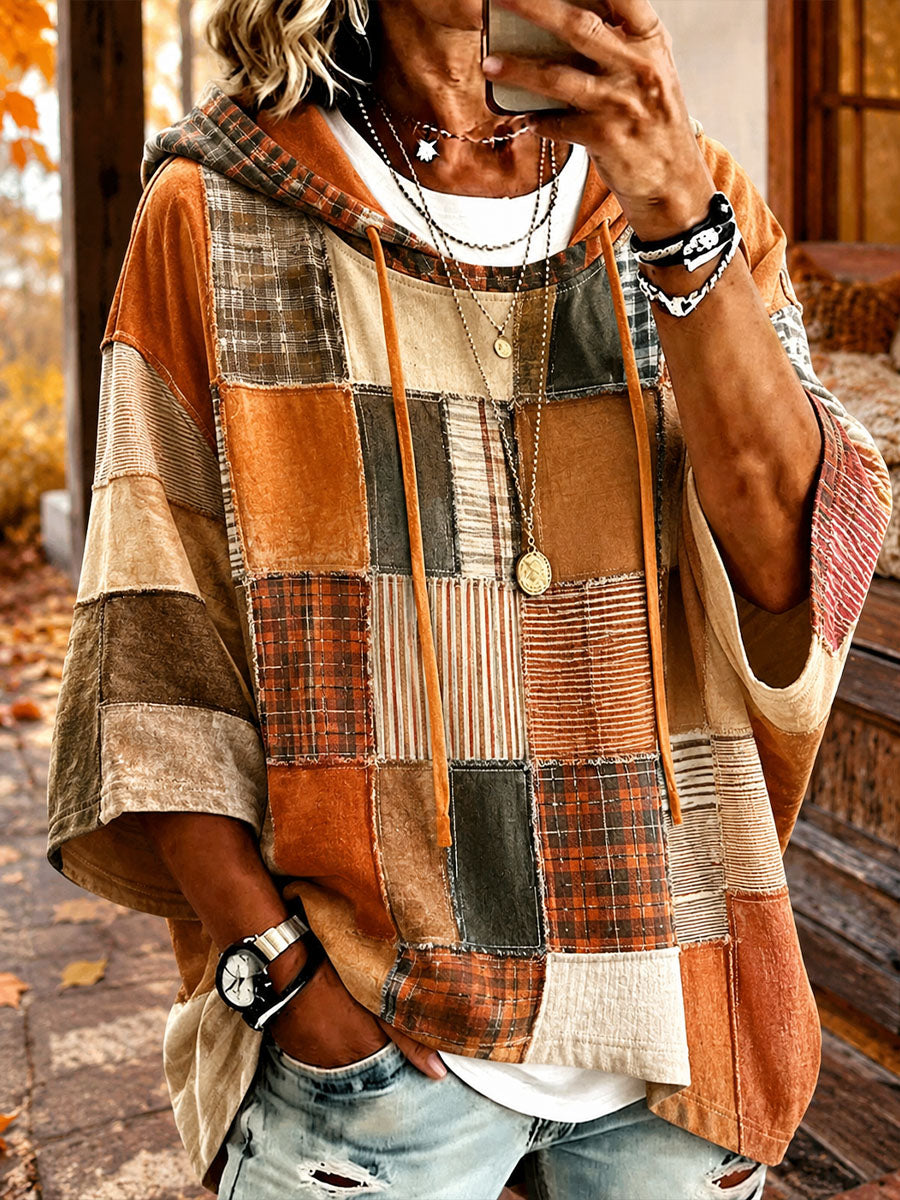 Sudadera con capucha de patchwork artístico para mujer en tonos otoñales