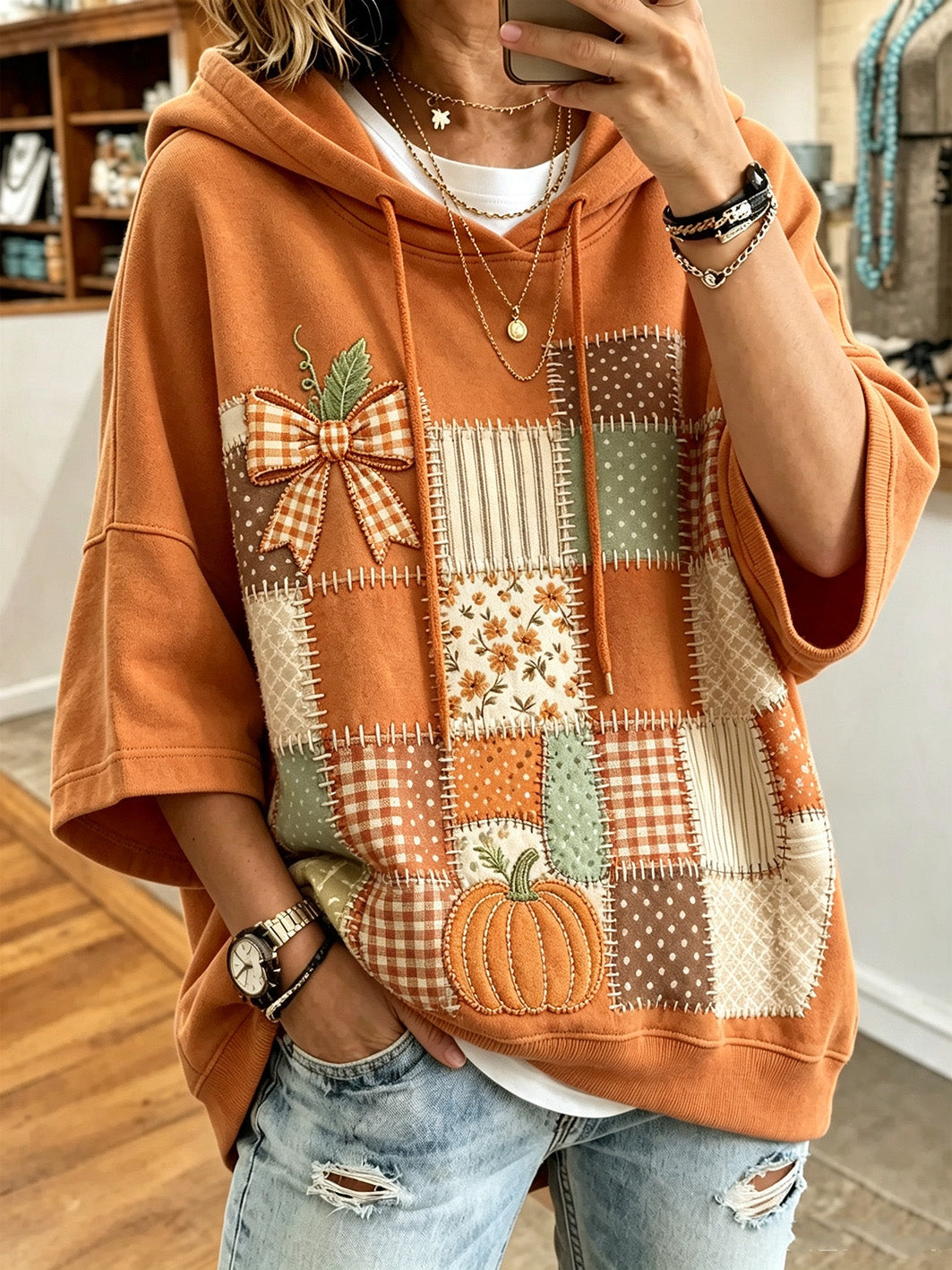 Sudadera con capucha casual para mujer con estampado de elementos otoñales