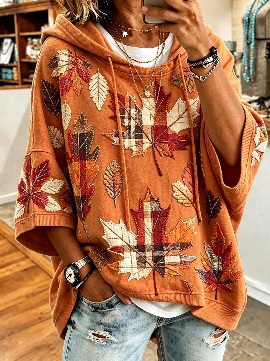 Sudadera con capucha casual para mujer con estampado de motivos otoñales