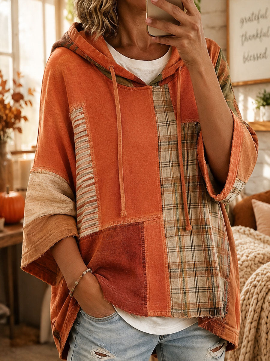 Sudadera con capucha de patchwork artístico para mujer de otoño