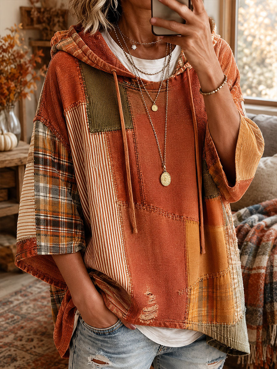 Sudadera con capucha para mujer de patchwork artístico de otoño