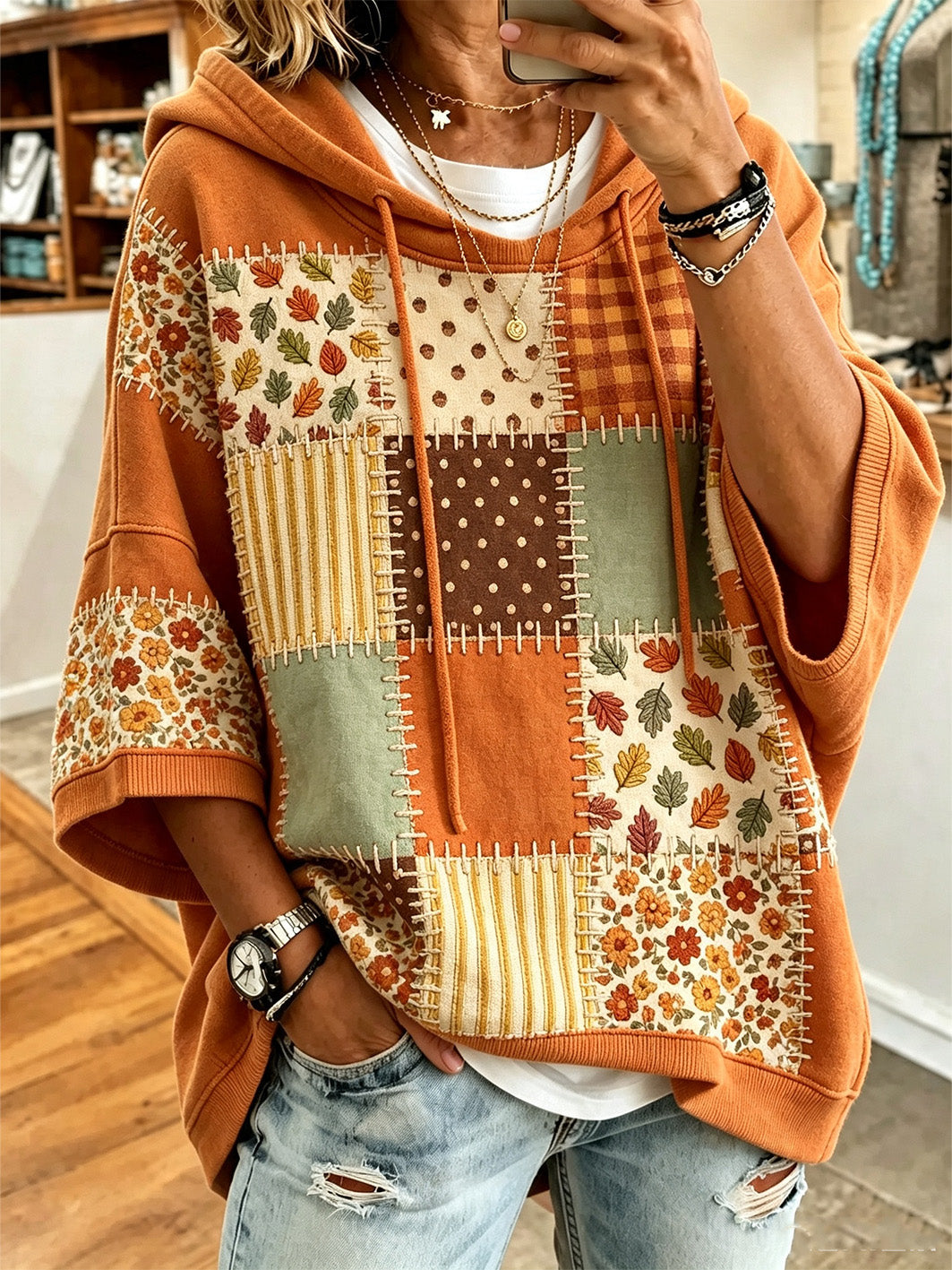 Sudadera con capucha casual para mujer con estampado de elementos otoñales