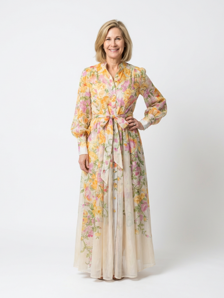 Cressida | Vestido maxi floral transparente con mangas largas