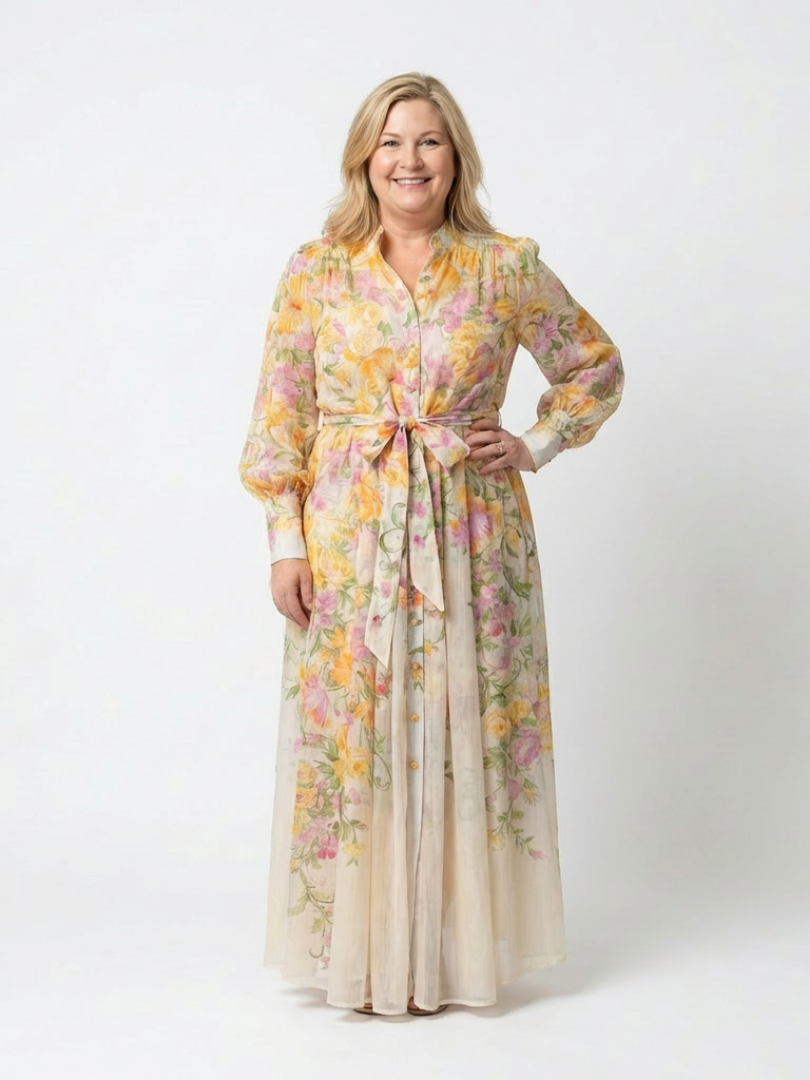 Cressida | Vestido maxi floral transparente con mangas largas