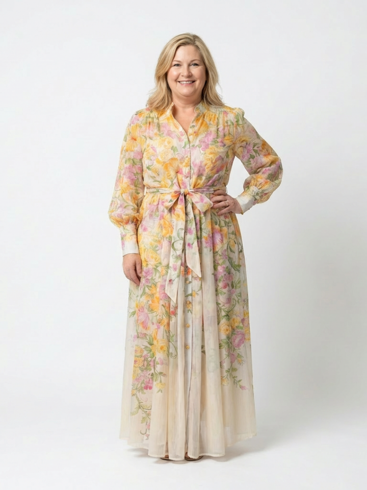 Cressida | Vestido maxi floral transparente con mangas largas