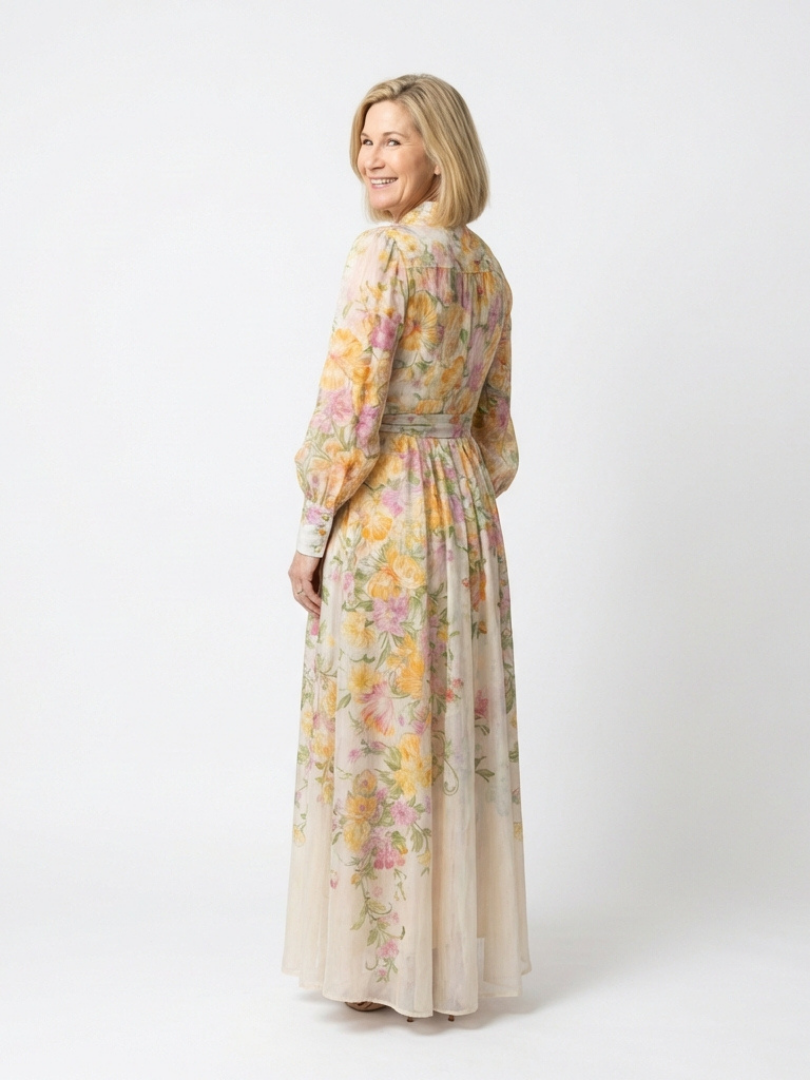 Cressida | Vestido maxi floral transparente con mangas largas