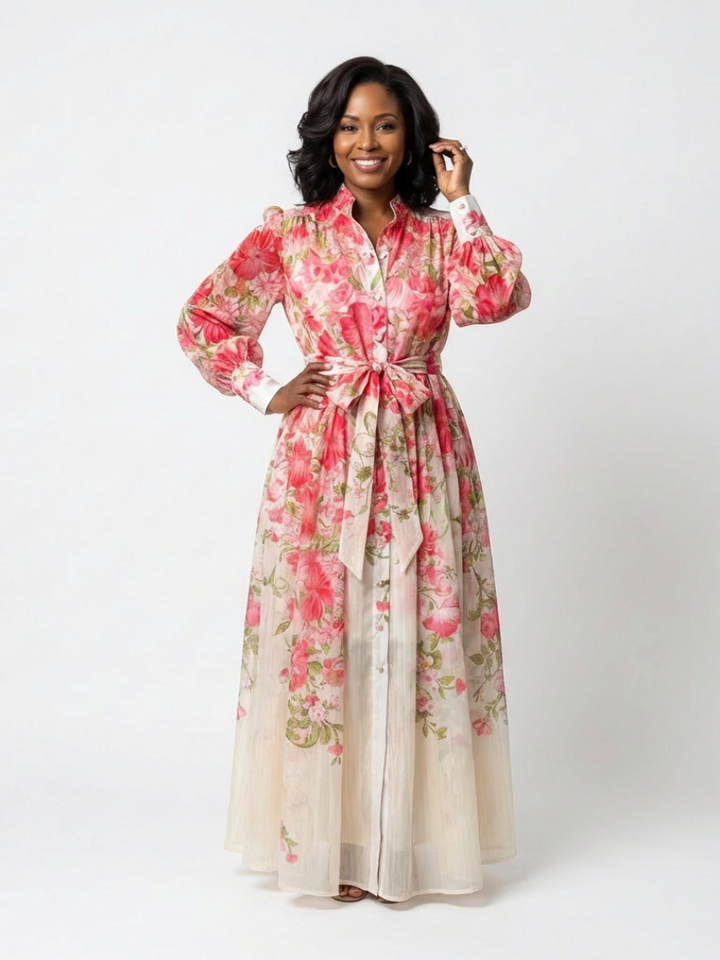 Cressida | Vestido maxi floral transparente con mangas largas