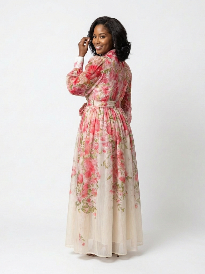 Cressida | Vestido maxi floral transparente con mangas largas