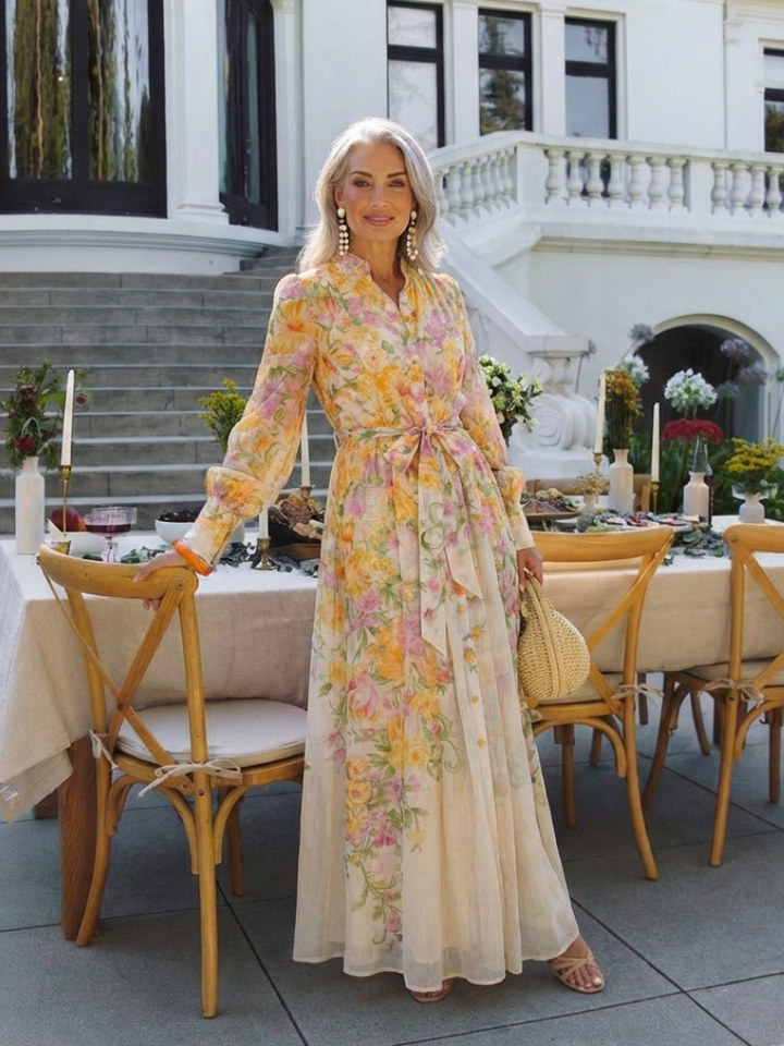 Cressida | Vestido maxi floral transparente con mangas largas
