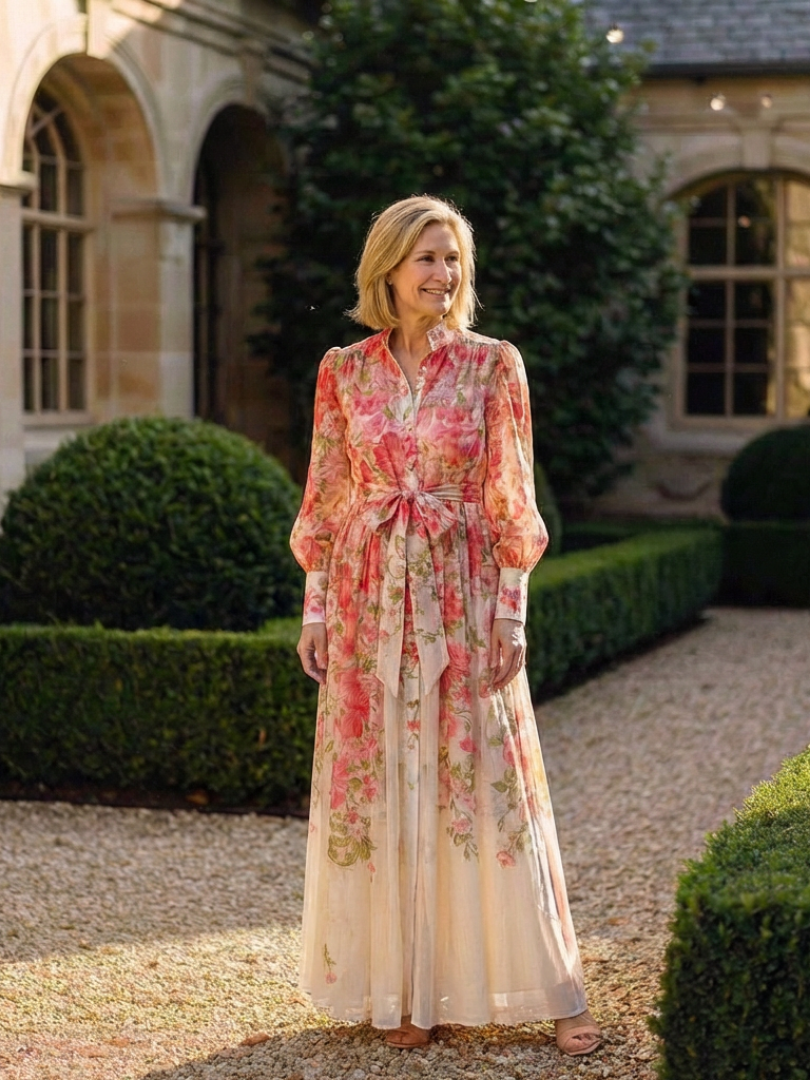 Cressida | Vestido maxi floral transparente con mangas largas