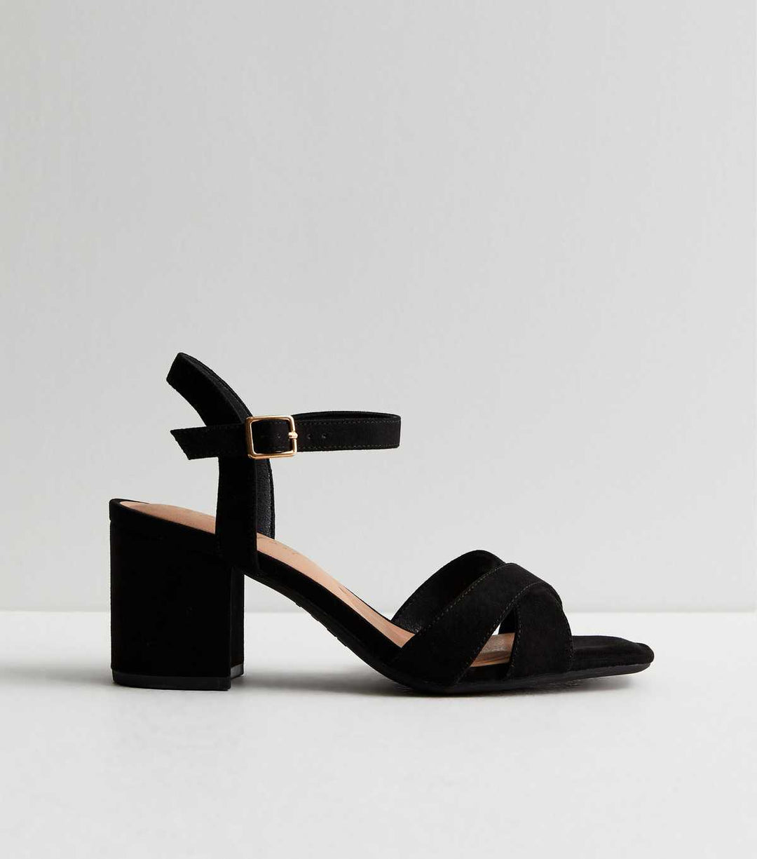 Sandalias de Tacón Bloque de Suede Negro de Dos Partes con Ajuste Amplio | New Look